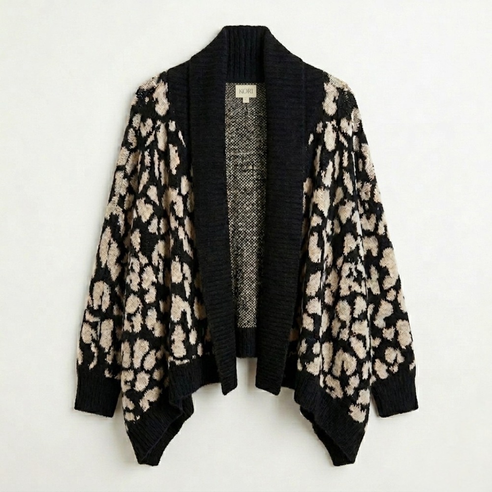 Kori America Drop Sleeve‎ Black/Beige Leopard-Print Open Front Shawl Cardigan